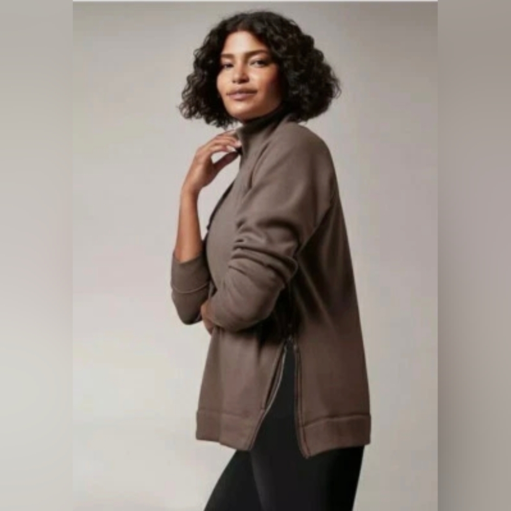 Athleta Coaster Luxe Funnel Neck Sweatshirt Brown XS Side Zips